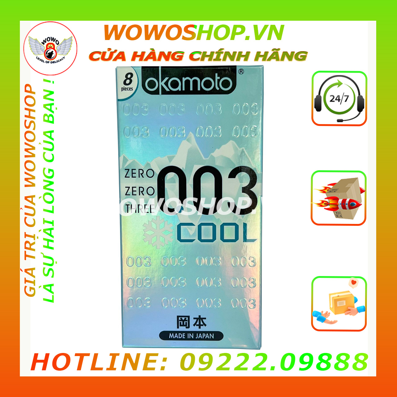Bao Cao Su-Bao Cao Su Siêu Mỏng-Bao Cao Su Okamoto-Cool-003 Siêu Mỏng-Mát Lạnh-Tăng Khoái Cảm-Hộp 8 Cái